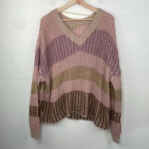 Democracy Chunky Knit V Neck Striped Relaxed Fit Sweater Pullover size XL